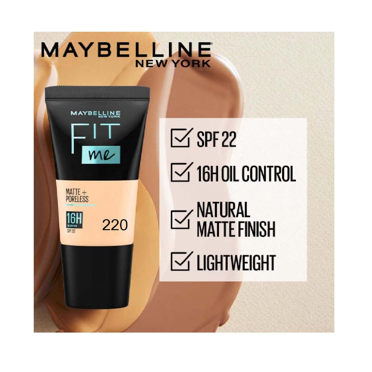 Maybelline New York Fit Me Matte + Poreless Liquid Foundation Tube For All Skin Types, Spf 22-18Ml + Fit Me Matte + Poreless Compact Powder, Spf 32 +++, 6G (Shade 220 Natural Beige) (2 Item In Set)