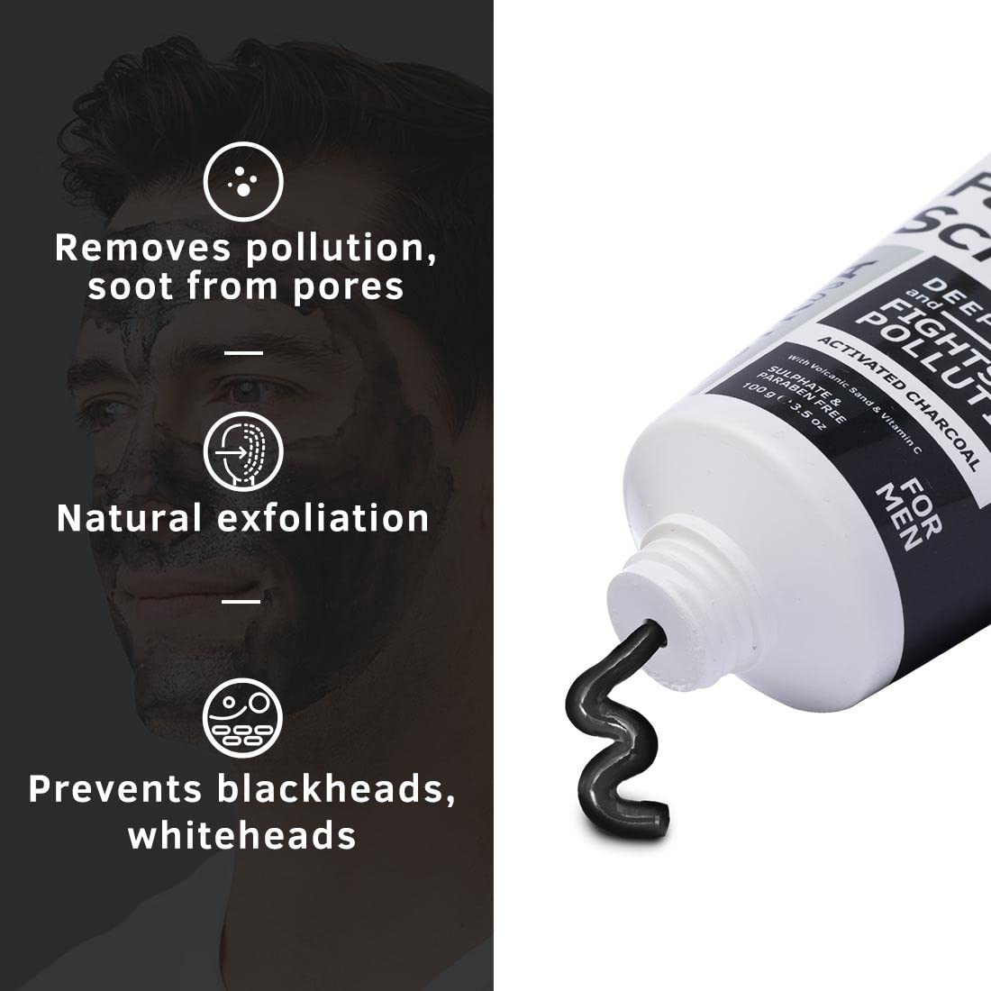Ustraa Face Scrub for Men - 100g - with Activated charcoal, Tahitian Volcanic Sand & Walnut Granules - Great for Exfoliating skin & facial detox, Fights blackheads - For All Skin type
