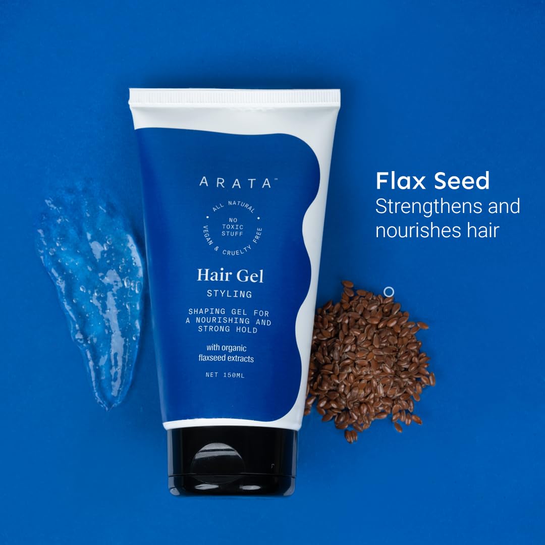 Arata Styling Hair Gel For All Hair Types | Medium to Strong Hold | Tames Flyaways & Adds Definition | Creates Slicked-Back Looks, Adds Texture with Organic Flaxseeds | 150 ML