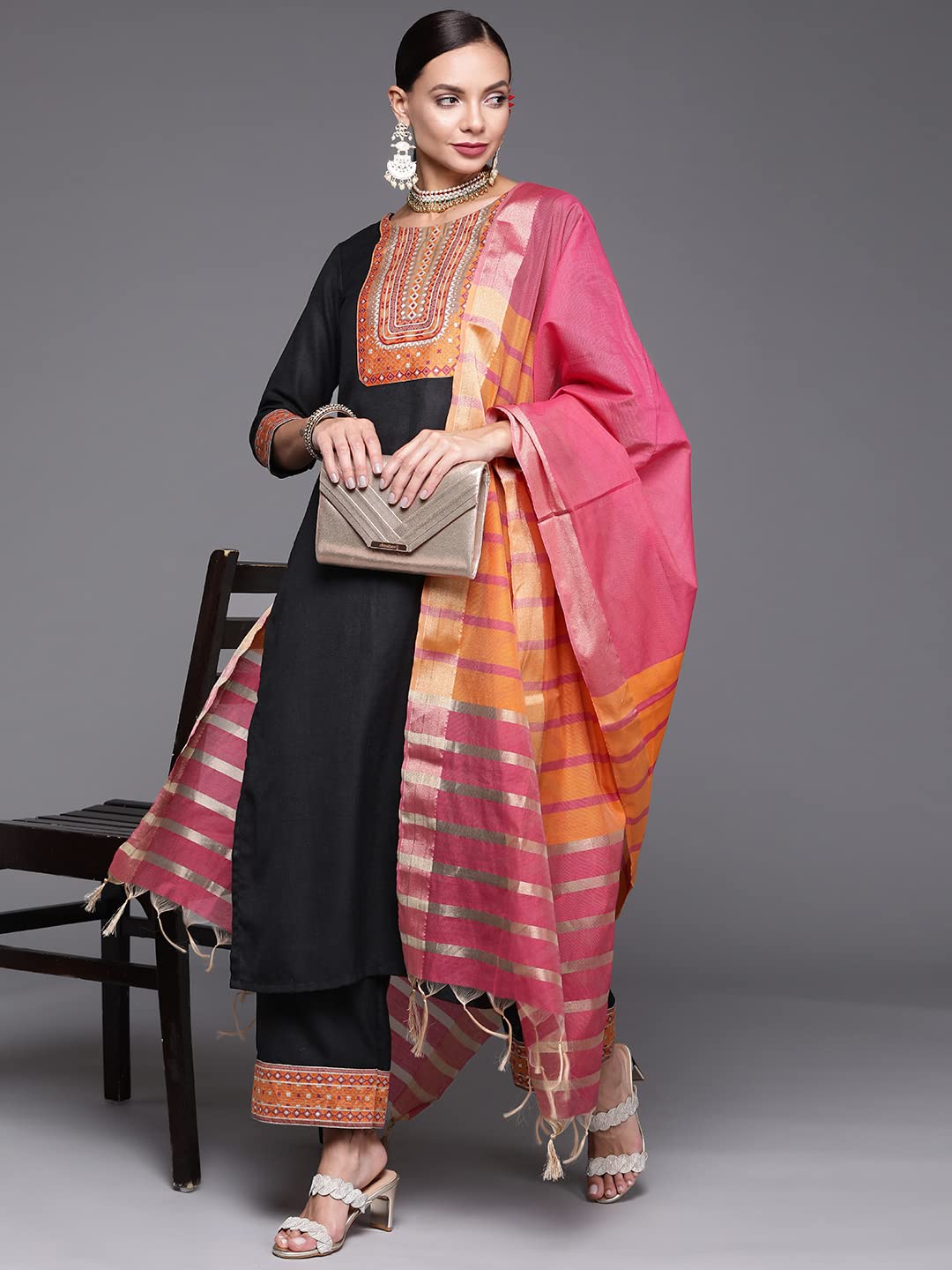INDO ERA Women's  Solid Cotton Blend Straight Kurta Palazzo With Dupatta Set