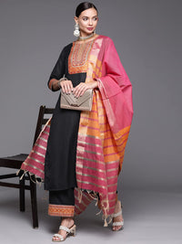 INDO ERA Women's  Solid Cotton Blend Straight Kurta Palazzo With Dupatta Set