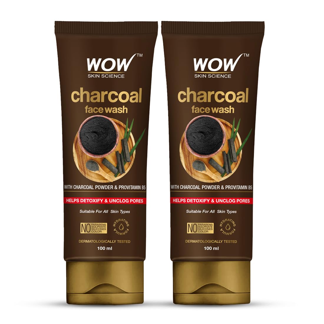WOW Skin Science Charcoal Face Wash | Detoxifies Skin | Unclogs Pores | Lifts of Pollutants & Dirt | 100ml | Pack of 2