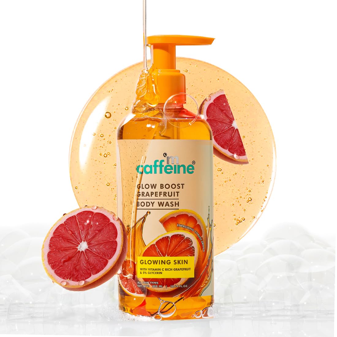 mCaffeine Glow Boost Grapefruit Body Wash | Fruity Grapefruit Aroma | Vitamin C Rich & 5% Glycerine | Deep Cleanse, Detan for Soft & Smooth Skin | Fragrance Shower Gel for All Skin Types- 300 ml