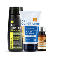 Ustraa Anti Hair Fall Shampoo - 250ml - With Apple Cider Vinegar | Daily Use Hair Conditioner - 100gm - with Water Hyssop (Brahmi) | & Beard Growth Oil - 35ml - More Beard Growth, With Redensyl