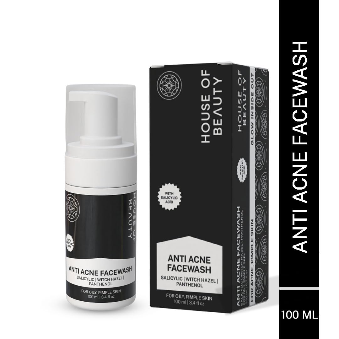 House of Beauty Anti Acne Foam Face Wash | Reduces Oil on Face, Deep Cleanses Pores, Reduces White Heads & Black Heads (100ml, Pack of 1)
