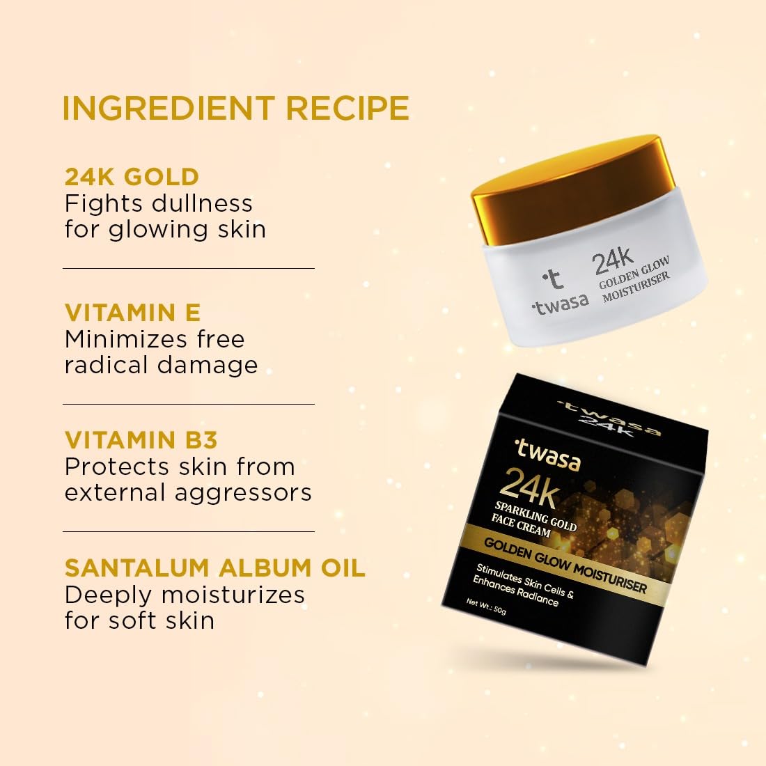 Twasa 24k Gold Pure Moisturizer For Oily & Dry Skin with Real Gold Flakes and Shimmer | Oil Free Glow Moisturizer For Face | Fast Absorbing Face Cream For Men & Women | Paraben Free | 50gm