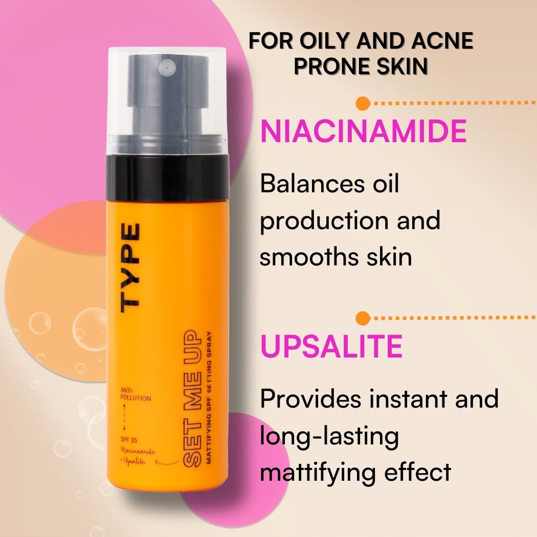 TYPE BEAUTY INC. Mattifying Setting Spray with SPF 35 PA++++ | 12Hr Long-Lasting & Waterproof | Matte Finish for Oily & Acne-Prone Skin | Oil Control & Lightweight | Makeup Fixer | 60ML