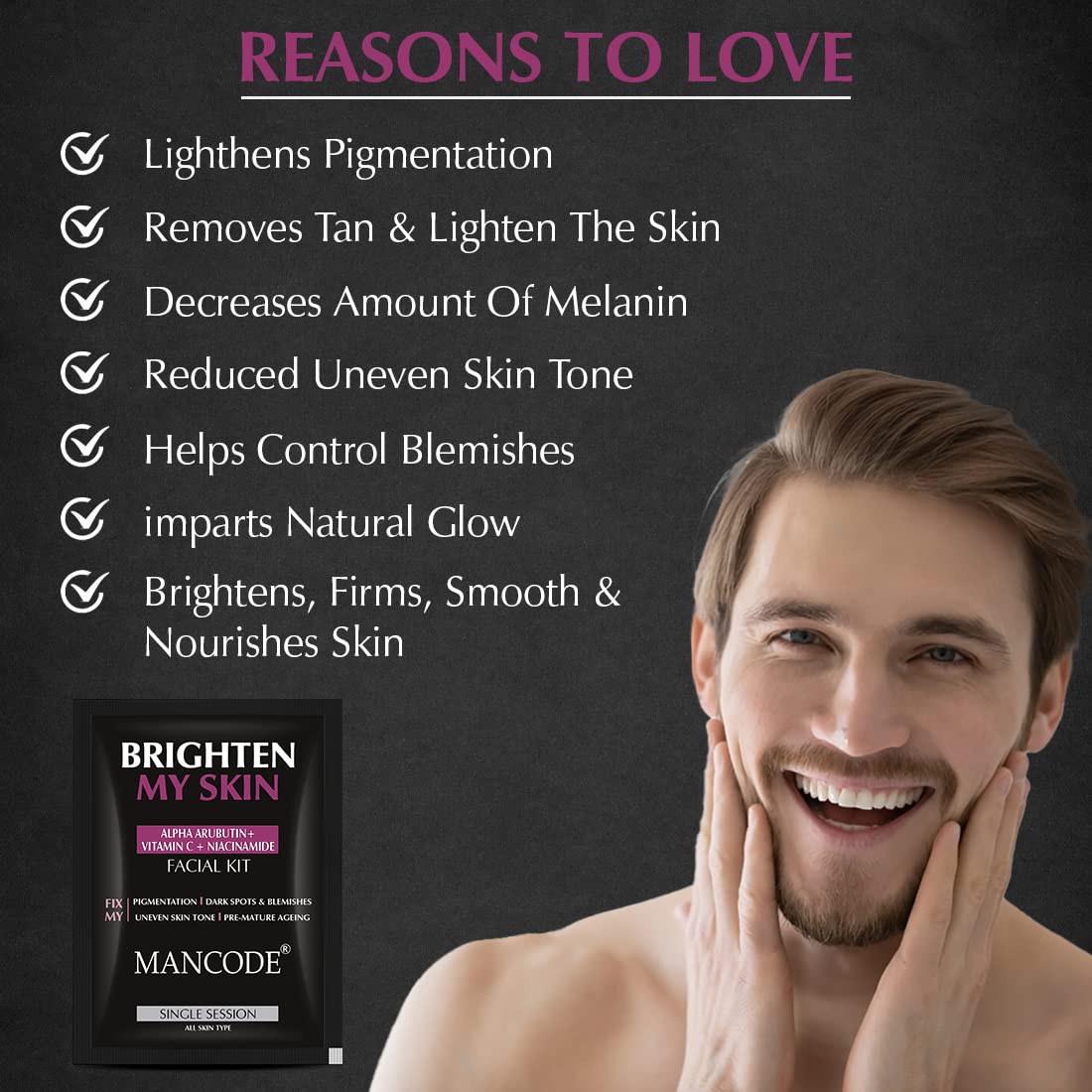Mancode Brighten My Skin Facial Kit For Men | Salon-Like Glowing Skin In 6 Easy Steps | Improves Skin Texture | Instant Glow | Suitable For All Skin Types - 3 x 58 G (Pack of 3)