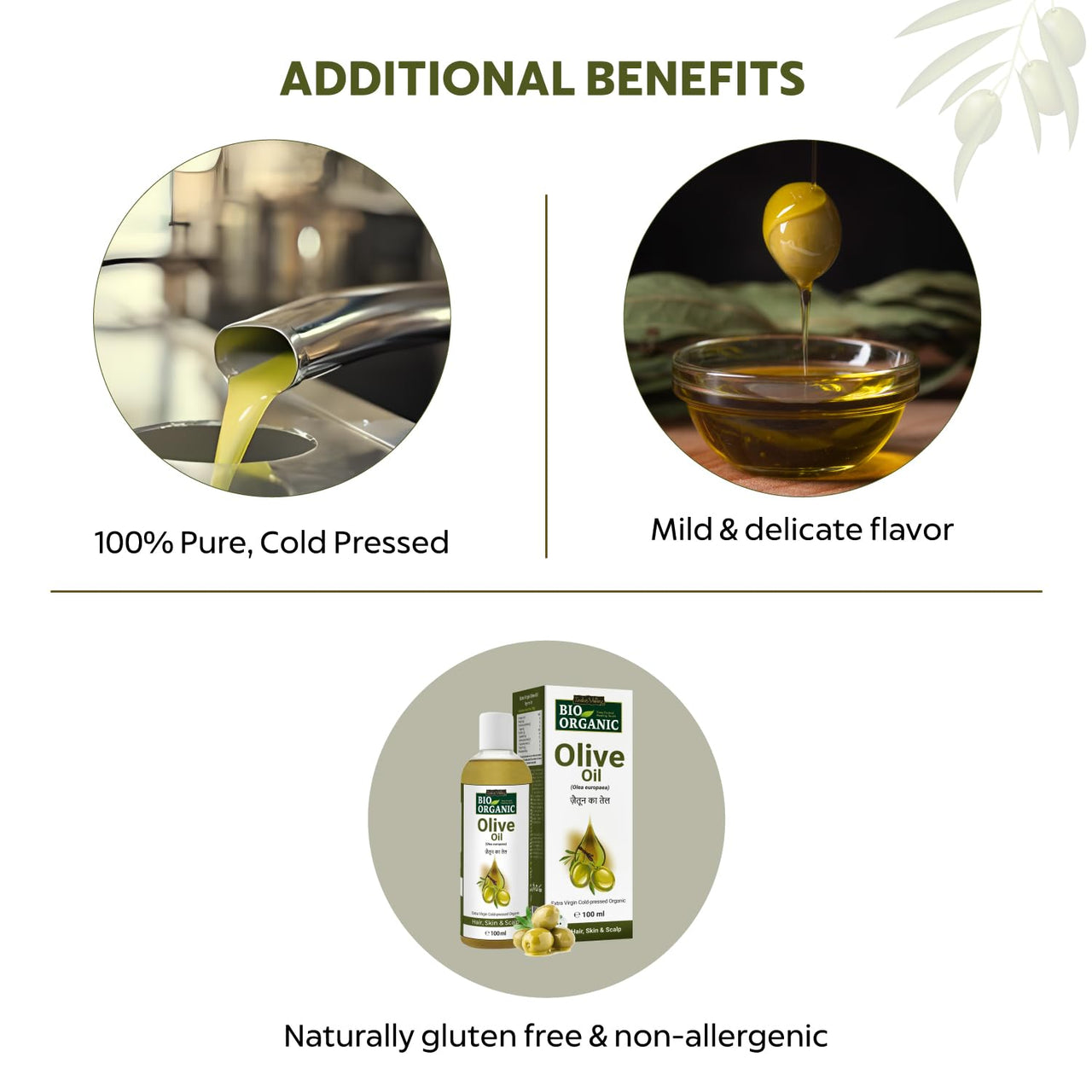 Indus Valley Bio Organic Pure Extra Virgin Olive 100% Organic and Cold-press, Massage Oil for Skin & Hair Care - (100ml)