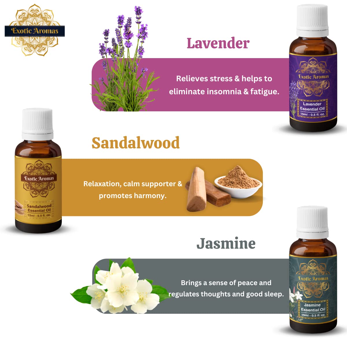 Exotic Aromas Essential Oil - Lavender Oil, Sandalwood Oil, Jasmine Oil, Rose Oil, Ylang Ylang Oil (Pack of 5)