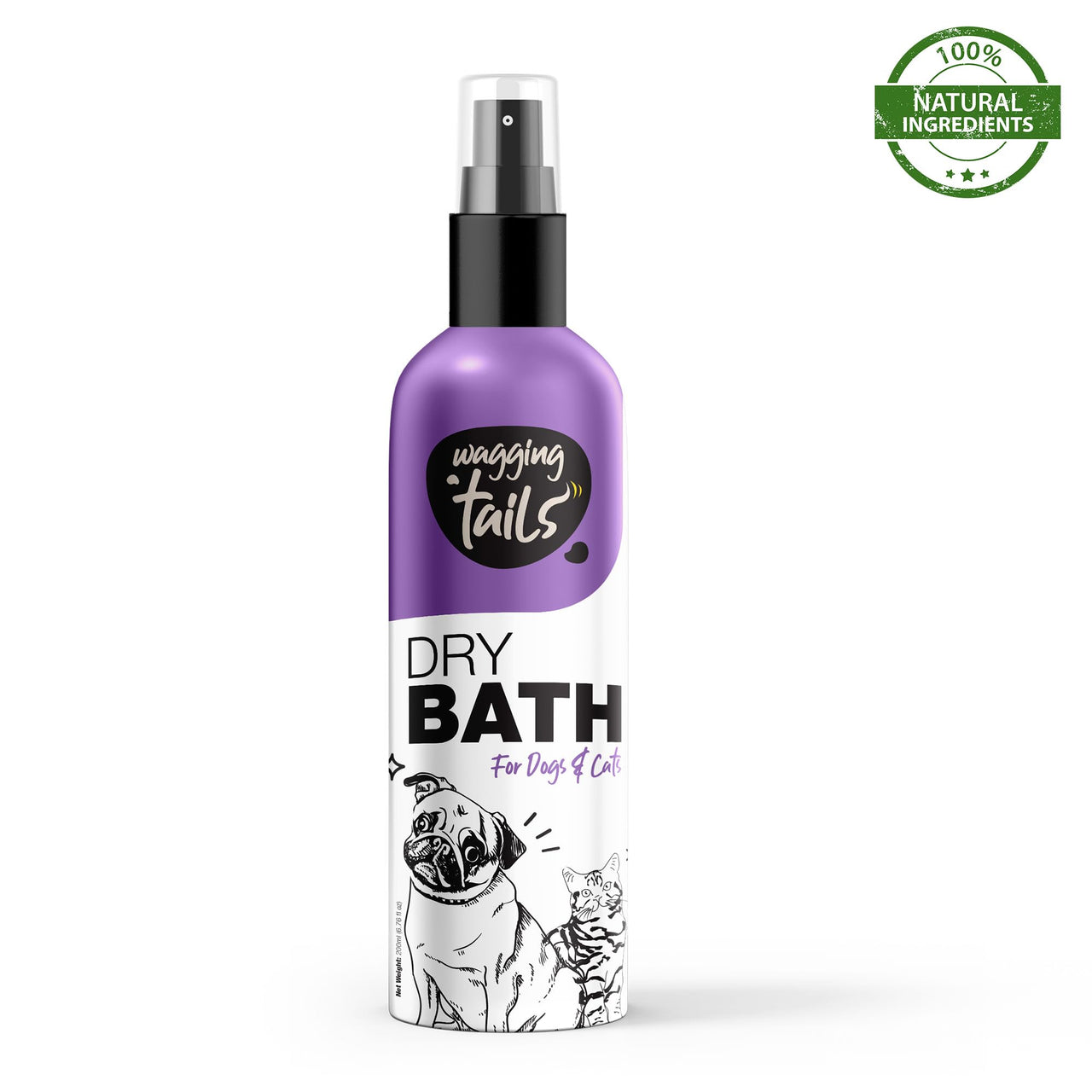 Wagging Tails Dry Bath Waterless Shampoo- 200ml for Pets | Grooming and Bathing for Dogs and Cats | Easy to Use When Travelling with Pet | Tearless Dog Shampoo