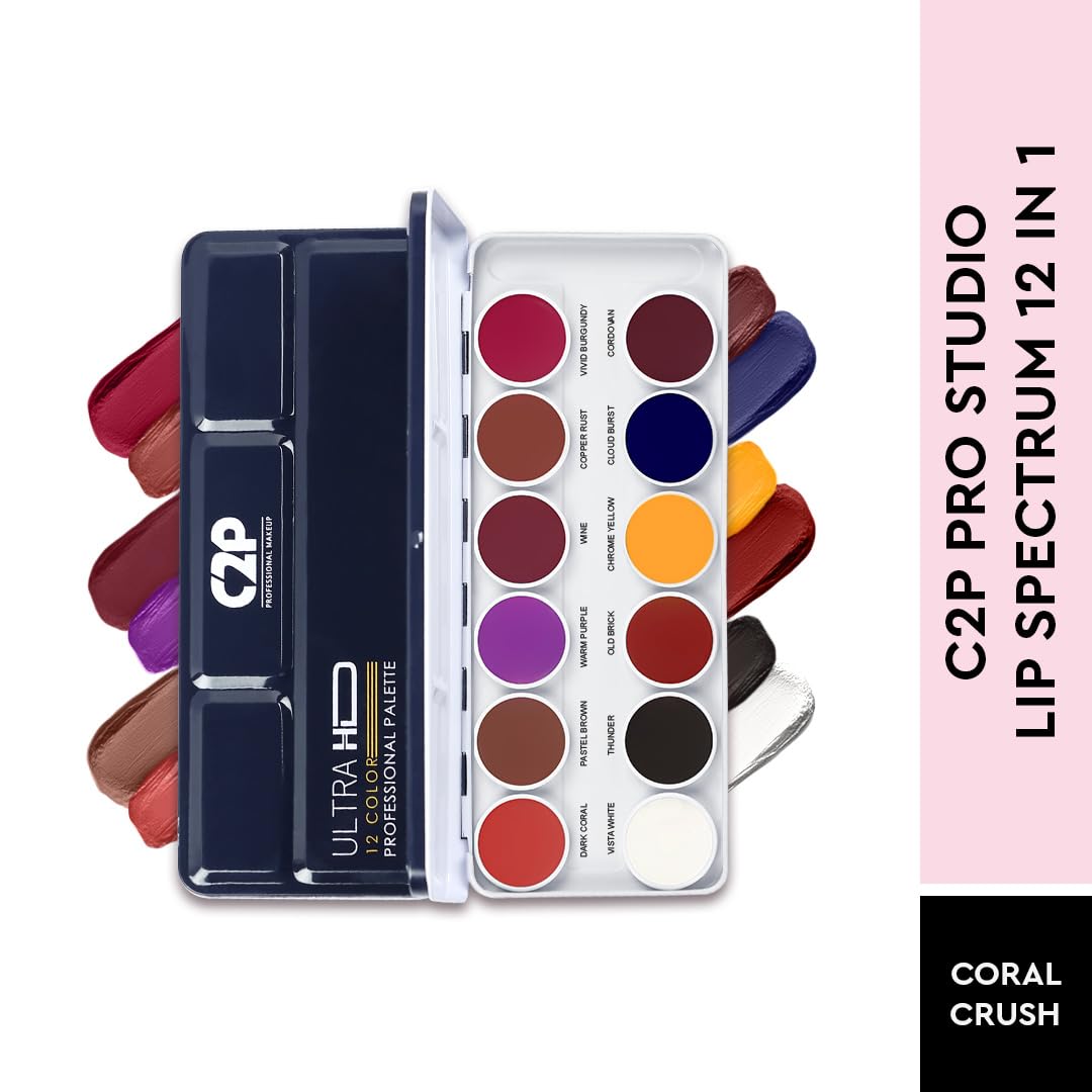 C2P Pro 12 Shades Pop Lipstick Palette Coral Crush 42g | Matte Creamy Lip Color Kit for Women | Waterproof Smudge-Proof Long Lasting Highly Pigmented Lip Makeup Palette