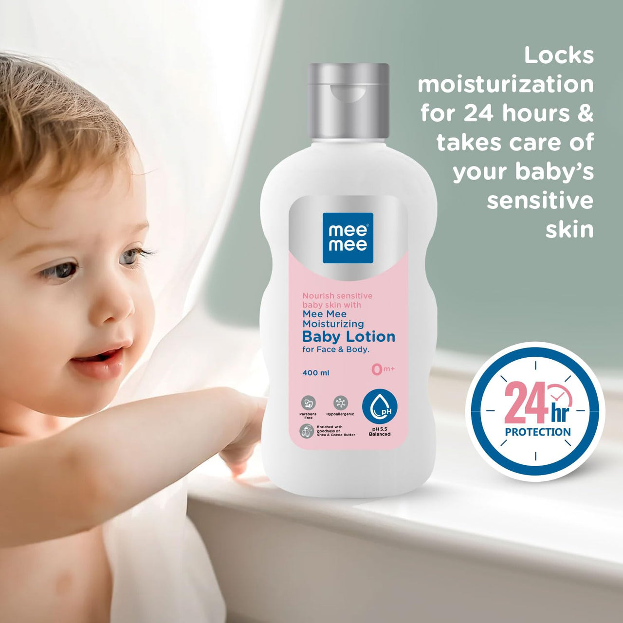 Mee Mee Moisturizing Baby Lotion for Face & Body, Shea, Cocoa Butter & Almond Oil, 24 Hrs Moisturization (400ML)