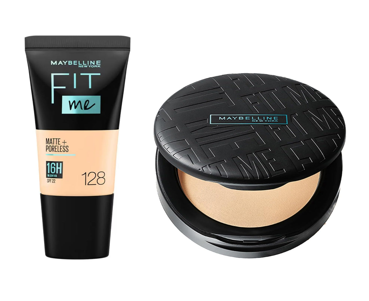 Maybelline New York Foundation, Matte & Poreless, With Spf-22, Fit Me, 128, 18Ml +Fit Me Compact Powder, With Spf-32Pa+++, 128, 6G Warm Nude, Full Coverage, For All Skin Type (Pack Of 2)