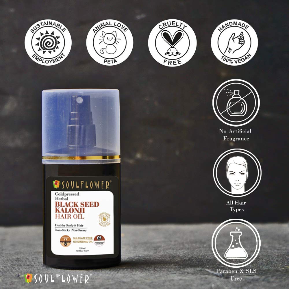 Soulflower Black Seed Kalonji Hair Oil | Hair Growth, Hair Fall Control, Scalp Health, Healthy Hair, Control Acne & Pimple for Men & Women| 100% Pure, Natural, Organic | 120ml