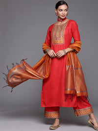 INDO ERA Women's  Solid Cotton Blend Straight Kurta Palazzo With Dupatta Set