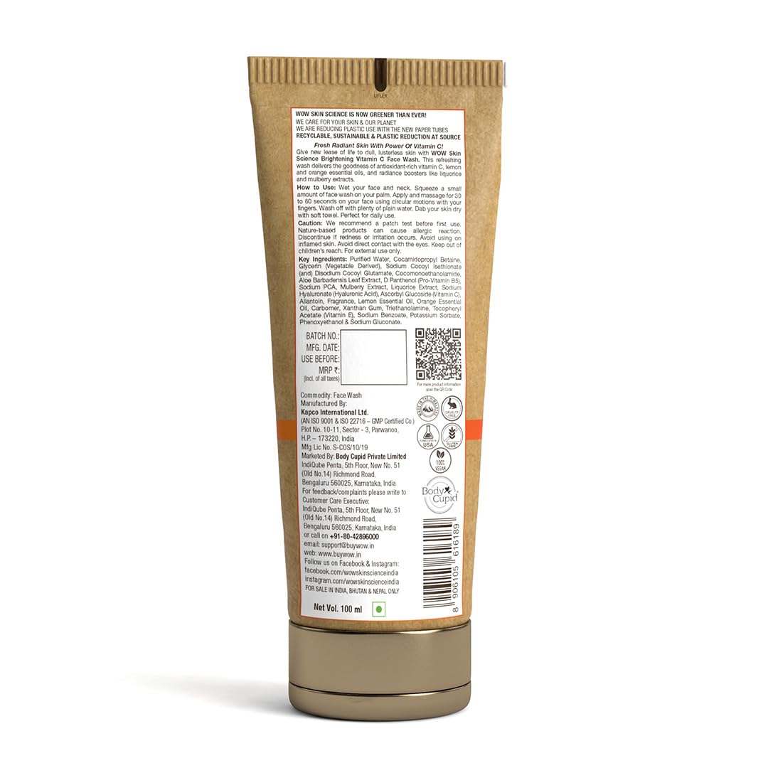 WOW Skin Science Brightening Vitamin C Face Wash | Paper Tube | All Skin Types | Glowing, Bright Skin | 100% Eco Friendly | Paraben & Sulphates Free | Face Wash for Women & Men | 100 ml