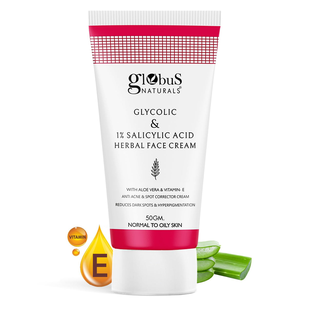 Globus Naturals Glycolic & 1% Salicylic Acid Herbal Anti Acne Face Cream, Enriched with Aloe Vera & Vitamin E, Reduces Dark spots & Hyperpigmentation, 50gm