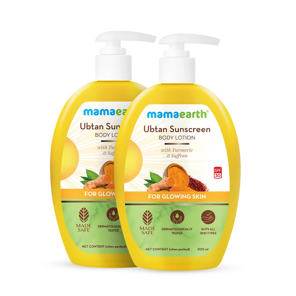 Mamaearth Ubtan Sunscreen For All Skin Types Body Lotion Spf 30 With Turmeric & Saffron For Glowing Skin ? 300 Ml (Pack Of 2)