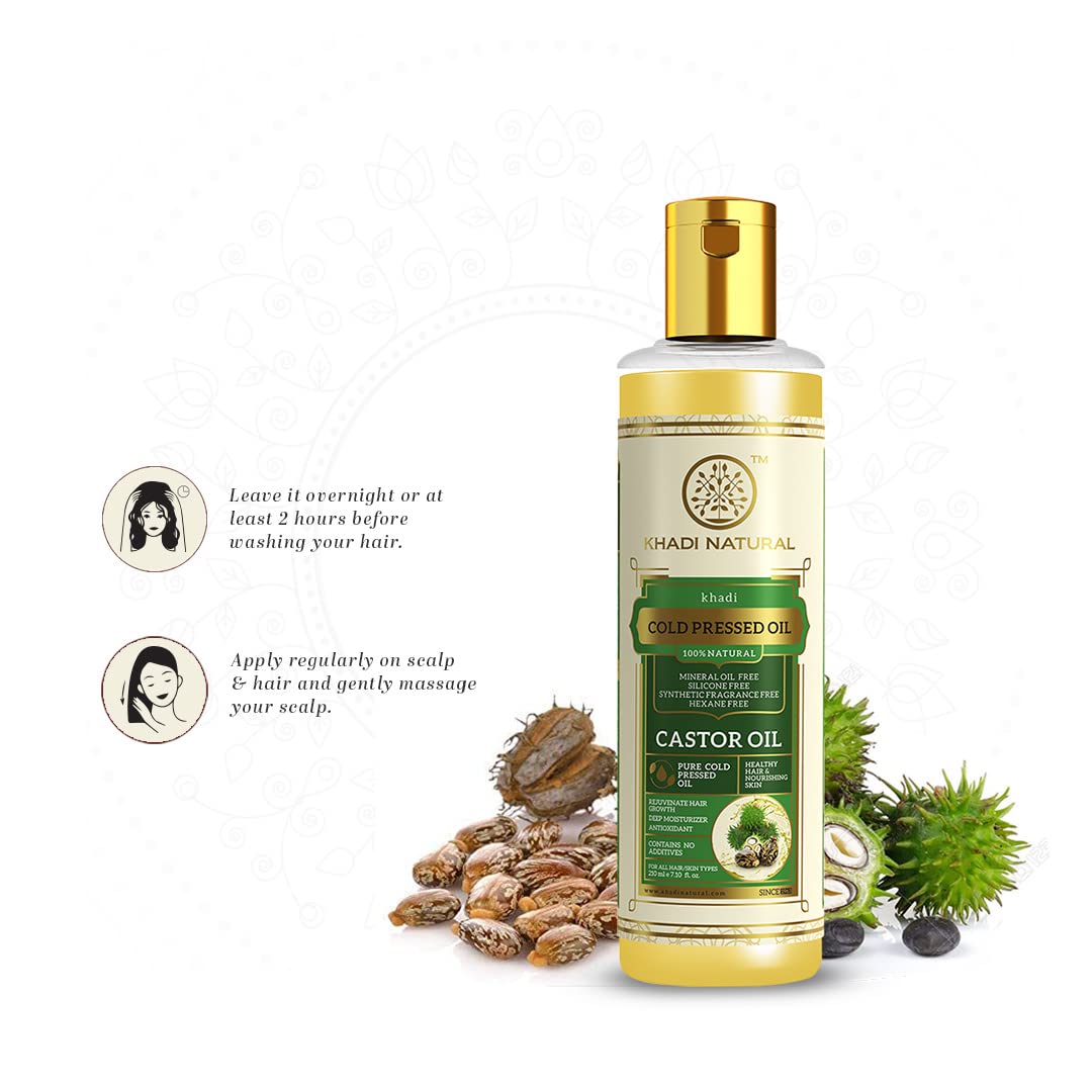 Khadi Natural Cold Pressed Castor Oil | Castor Oil for Healthy Hair | Cold Pressed Oil for Skin & Hair | Oil for Healthy Hair | Mineral Oil & Silicone-Free | Suitable for All Skin & Hair Types| 210 ml