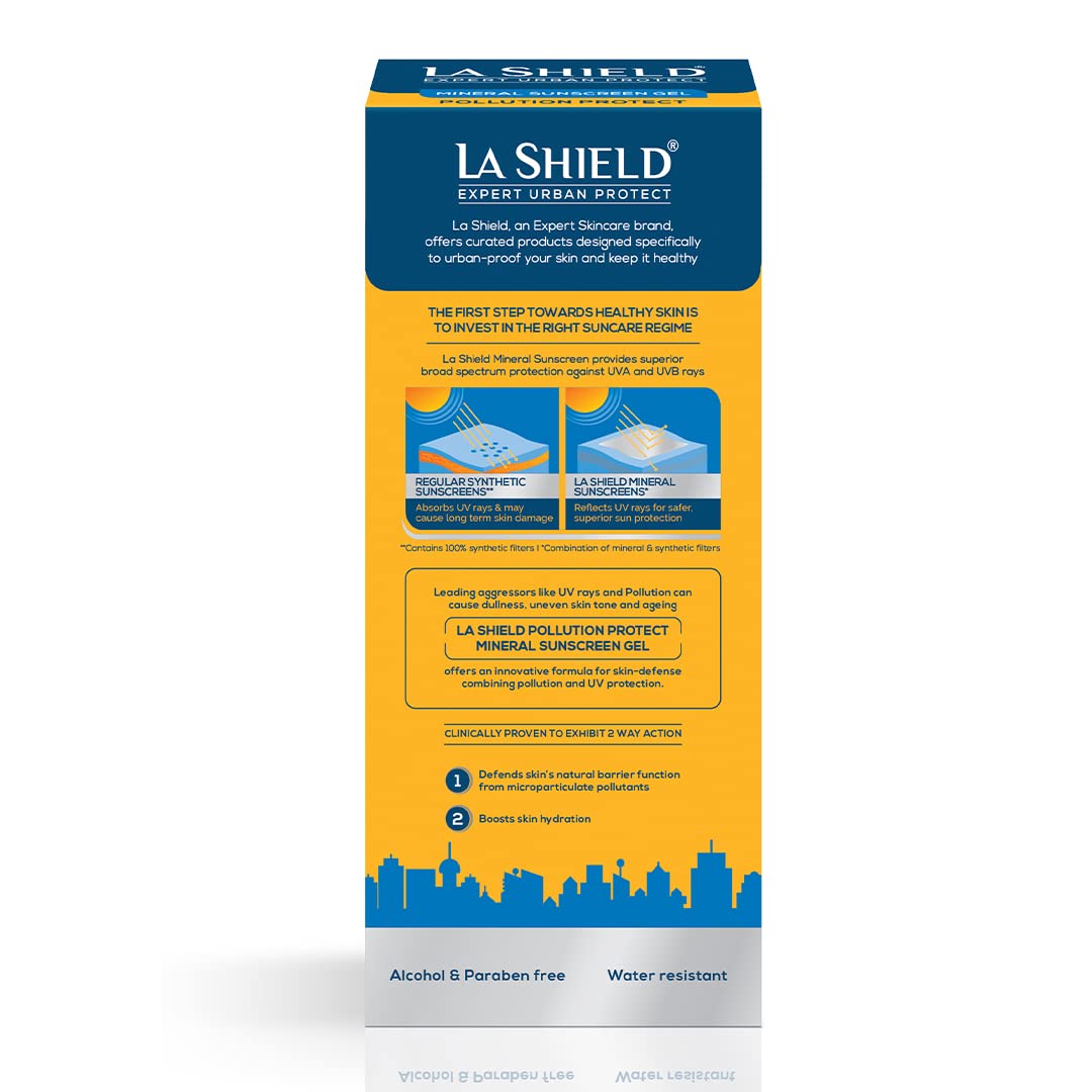 La Shield Pollution Protect SPF 50 Mineral Sunscreen Gel | PA+++ | Lightweight & Oil free | Moisture boost formula | Water resistant | All Skin types | 80 gm