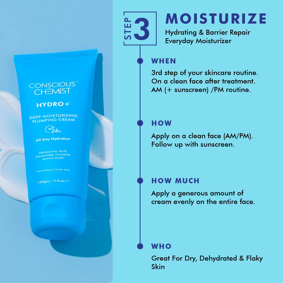 Conscious Chemist Daily Hydration Skincare Routine Kit For Normal To Dry Skin | Pack of 4 | 24H Hydration | Hyaluronic Acid | Face Wash, Serum, Face Moisturiser, Sunscreen
