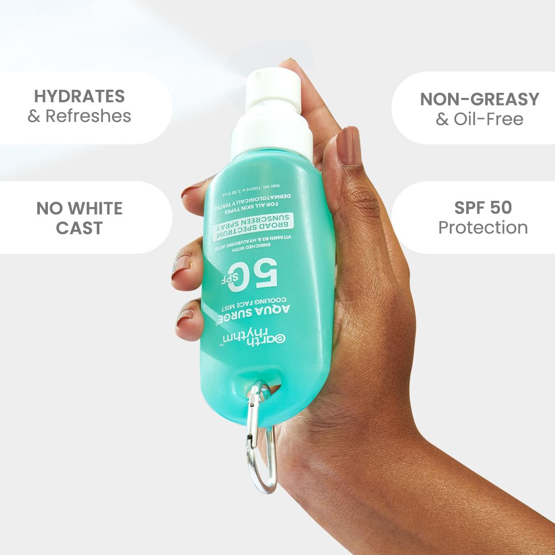 Earth Rhythm Aqua Surge Sunscreen Spray SPF 50, Invisbile SPF Mist, Broad Spectrum, UVA/UVB Protection, Non Greasy, No White Cast, For dry Skin 100ml