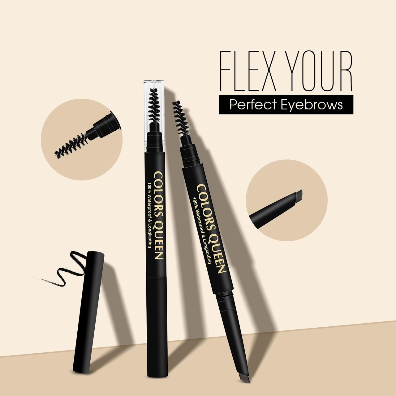 Colors Queen Brow Master Eyebrow Definer Pencil with Spoolie | Natural Looking Brows | Smudge Proof, Waterproof and Long Lasting Eyebrow Pencil (Black, 0.4g)