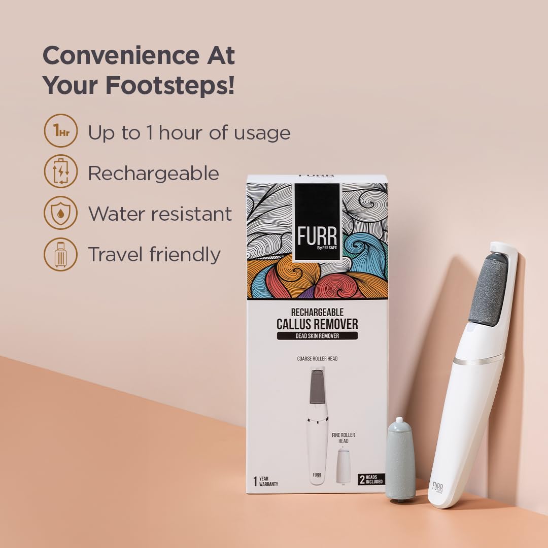 FURR Rechargeable Callus Remover for Feet | Foot Scrubber for Dead Skin | 2 Speed Modes | 2 Roller Heads for Scrubbing & Exfoliation | 1 Year Warranty | 1 Hour Batter Life | Water Resistant