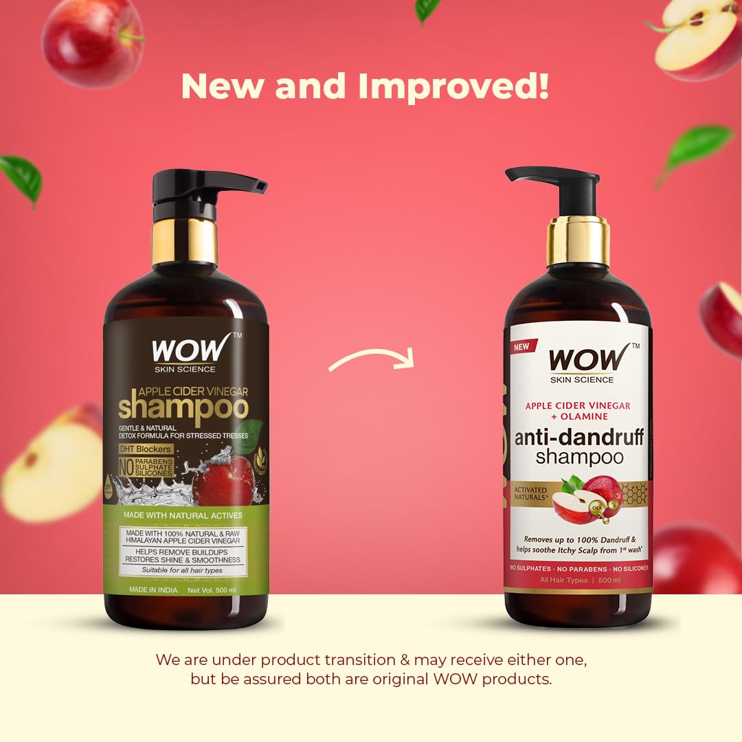 WOW Skin Science Apple Cider Vinegar Shampoo - 500ml | Mild Anti-Dandruff Shampoo For Daily Use | Suitable For Men & Women | Balances PH Level | Contains No Sulphates, Parabens or Harmful Chemicals