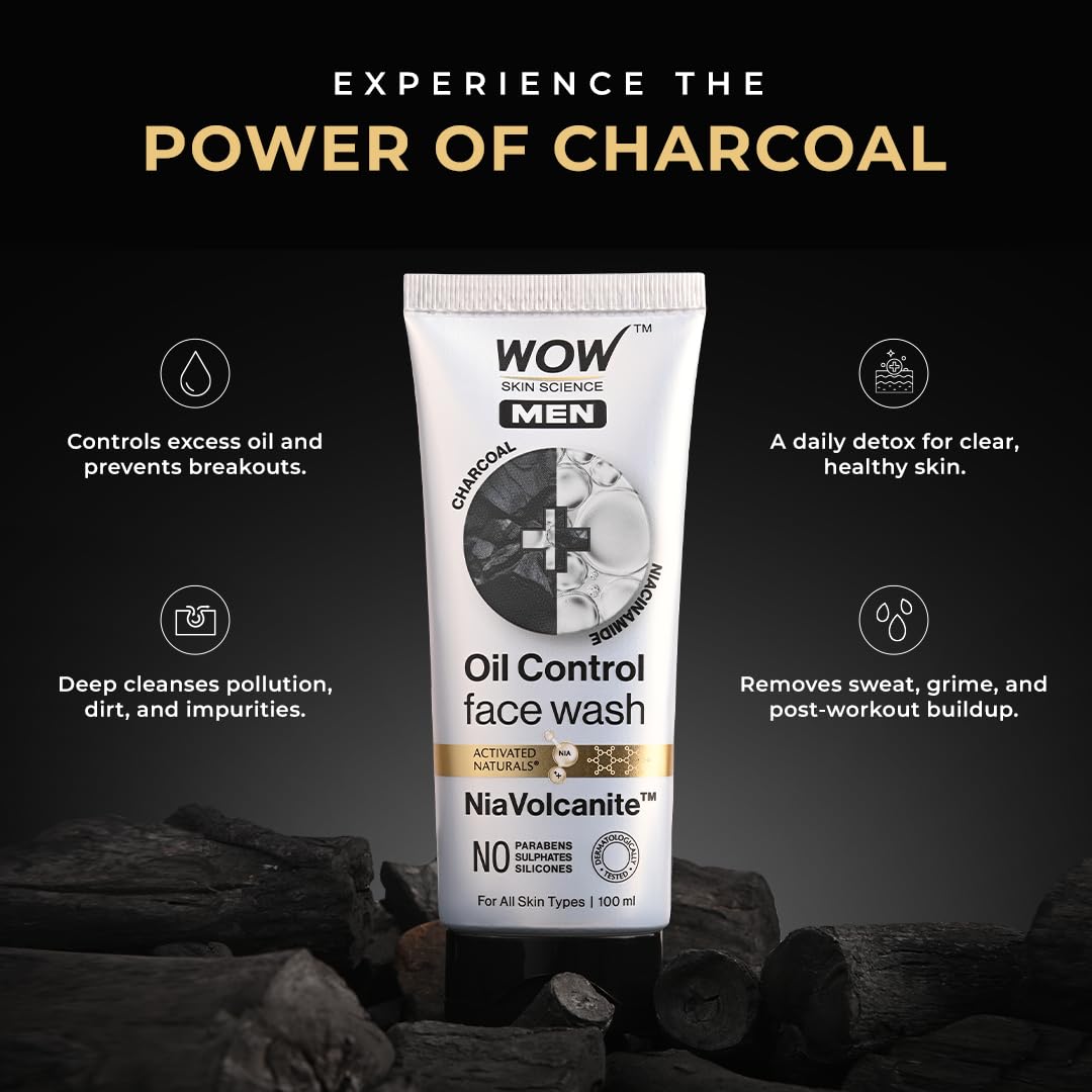 WOW Skin Science MEN CHARCOAL + NIACINAMIDE Oil-Control Face Wash | Absorbs Excess Oil & Deep Cleanses | NiaVolcanite™ Technology | No Sulphates, Parabens, or Silicones | 100ml
