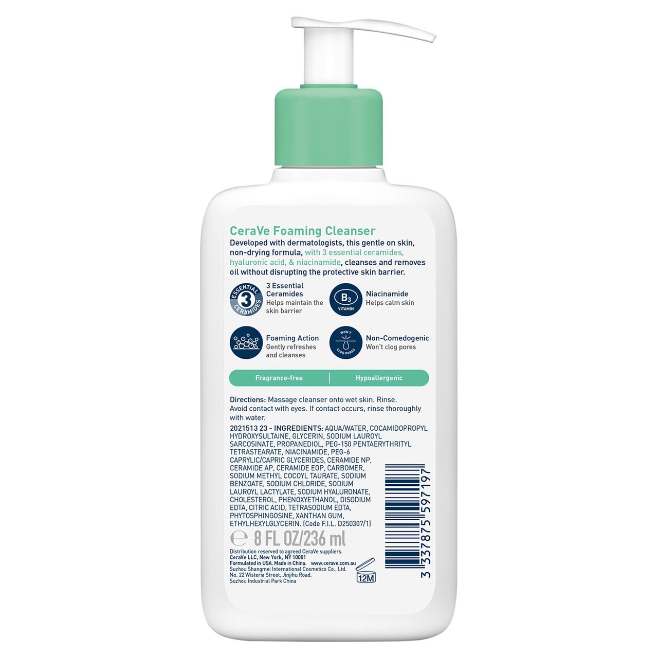 CeraVe Foaming Cleanser For Normal To Oily Skin (236ml) - Dermatologist-Developed Facewash | Non-Comedogenic And Fragrance-Free Cleansers For Acne-Prone Skin