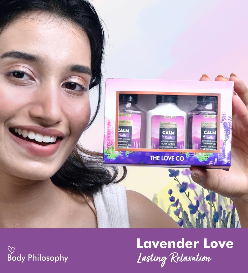 THE LOVE CO. Calm & Soothe Gift Collection Kit | Indulge in Travel Pack Shower Gel, Body Lotion & Shampoo | Ideal Birthday & Special Occasion Hamper - Pack of 3