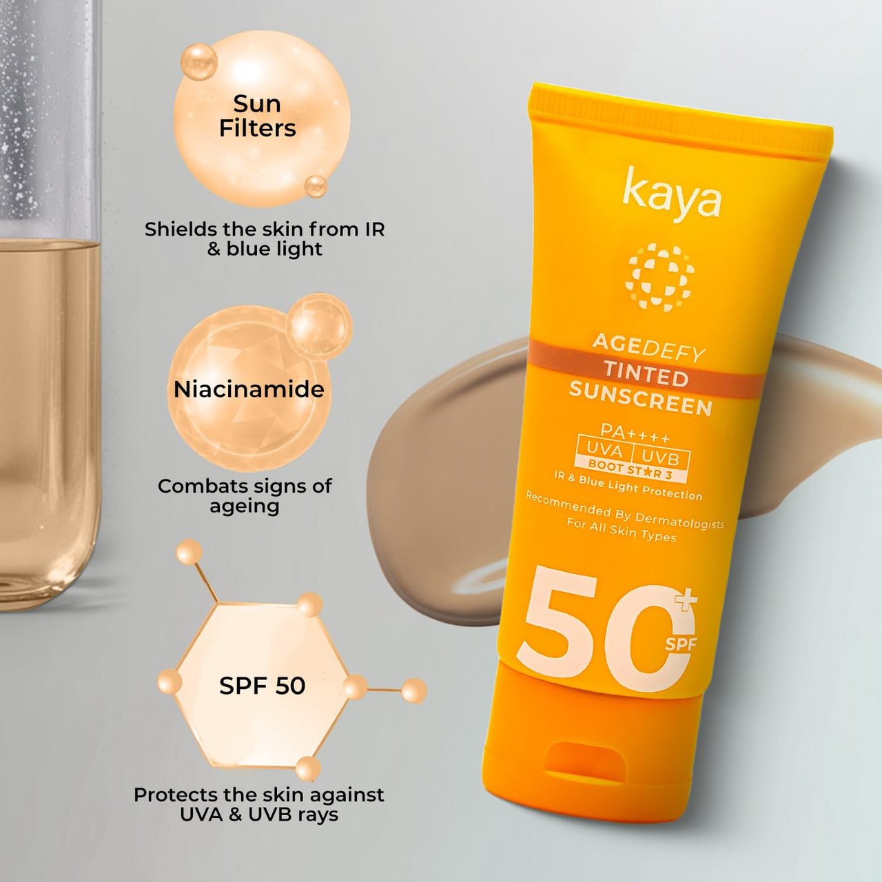 Kaya AgeDefy Tinted Sunscreen SPF 50 | Anti-Aging Moisturizer - Broad Spectrum | UVA & UVB protection for Face with Natural Tint | Hydrating Sunblock Cream for Women and Men | 50 gm