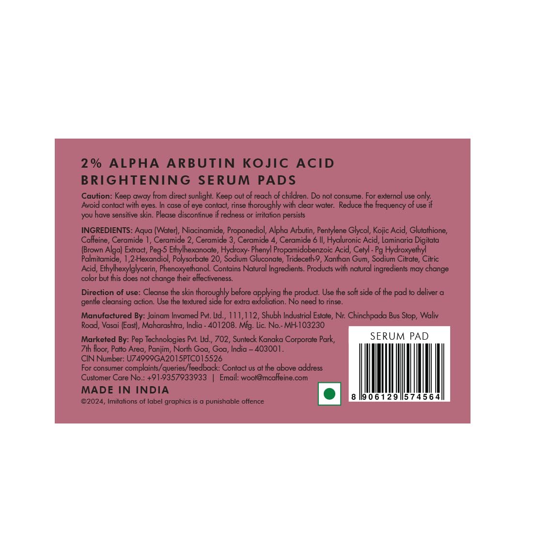 mCaffeine CLEAR GLOW 2% Alpha Arbutin Kojic Acid Brightening Serum Pads with 3% Niacinamide For Dark Spots & Pigmentation | Toner Pads for Even Skin Tone|For Men & Women | Fragrance-Free - 40N