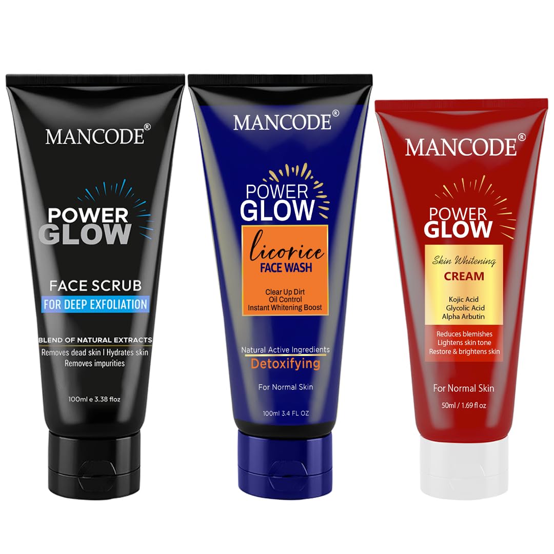Mancode Power Glow Face Care Combo for Unusex | Face Scrub, Face Wash & Whitening Cream | Deep Cleansing, Exfoliation & Brightening | Natural Ingredients with Saffron, Turmeric, Kojic Acid & Licorice | Hydrating & Reduces Dark Spots Pack of 3