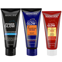 Mancode Power Glow Face Care Combo for Unusex | Face Scrub, Face Wash & Whitening Cream | Deep Cleansing, Exfoliation & Brightening | Natural Ingredients with Saffron, Turmeric, Kojic Acid & Licorice | Hydrating & Reduces Dark Spots Pack of 3