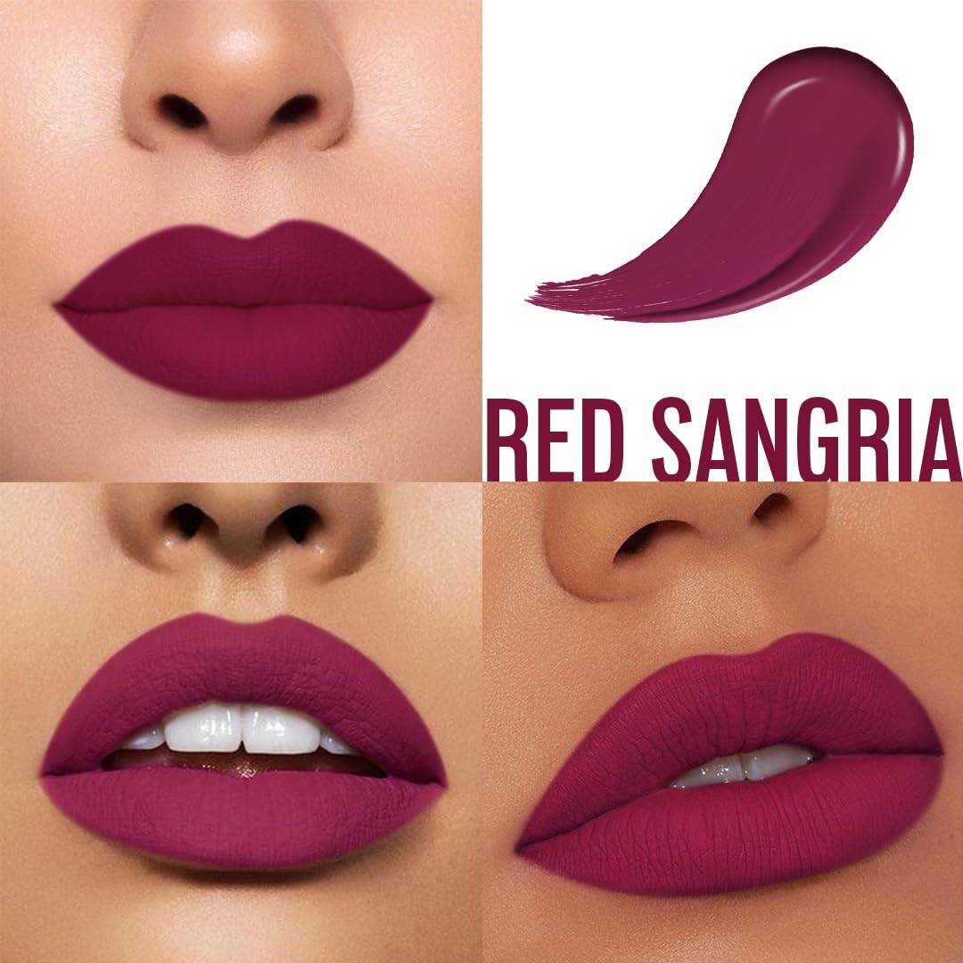 Charmacy Milano Stunning Longstay Liquid Lipstick (Red Sangria 17) - 5.6 ml, Velvet Intense Matte Finish, 12 Hours, SmudgeProof, WaterProof, KissProof, One Swatch Application