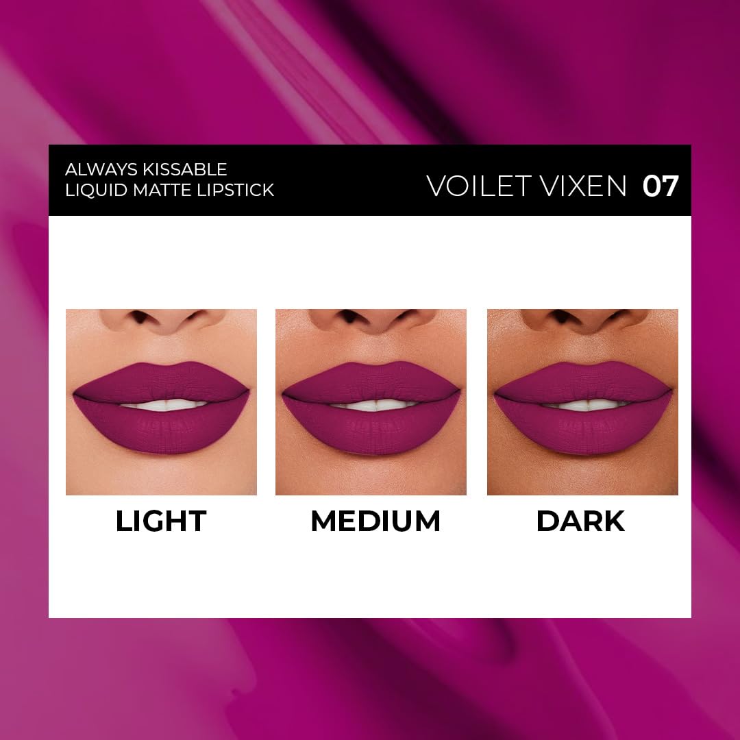 SOKU Always Kissable Long-Lasting Matte Liquid Lipsticks for Women Waterproof, Smudge-Proof | Lightweight Vegan Formula with Vitamin E | Smooth Application, Rich Colour (Violet Vixen-07) - 4.5 ml