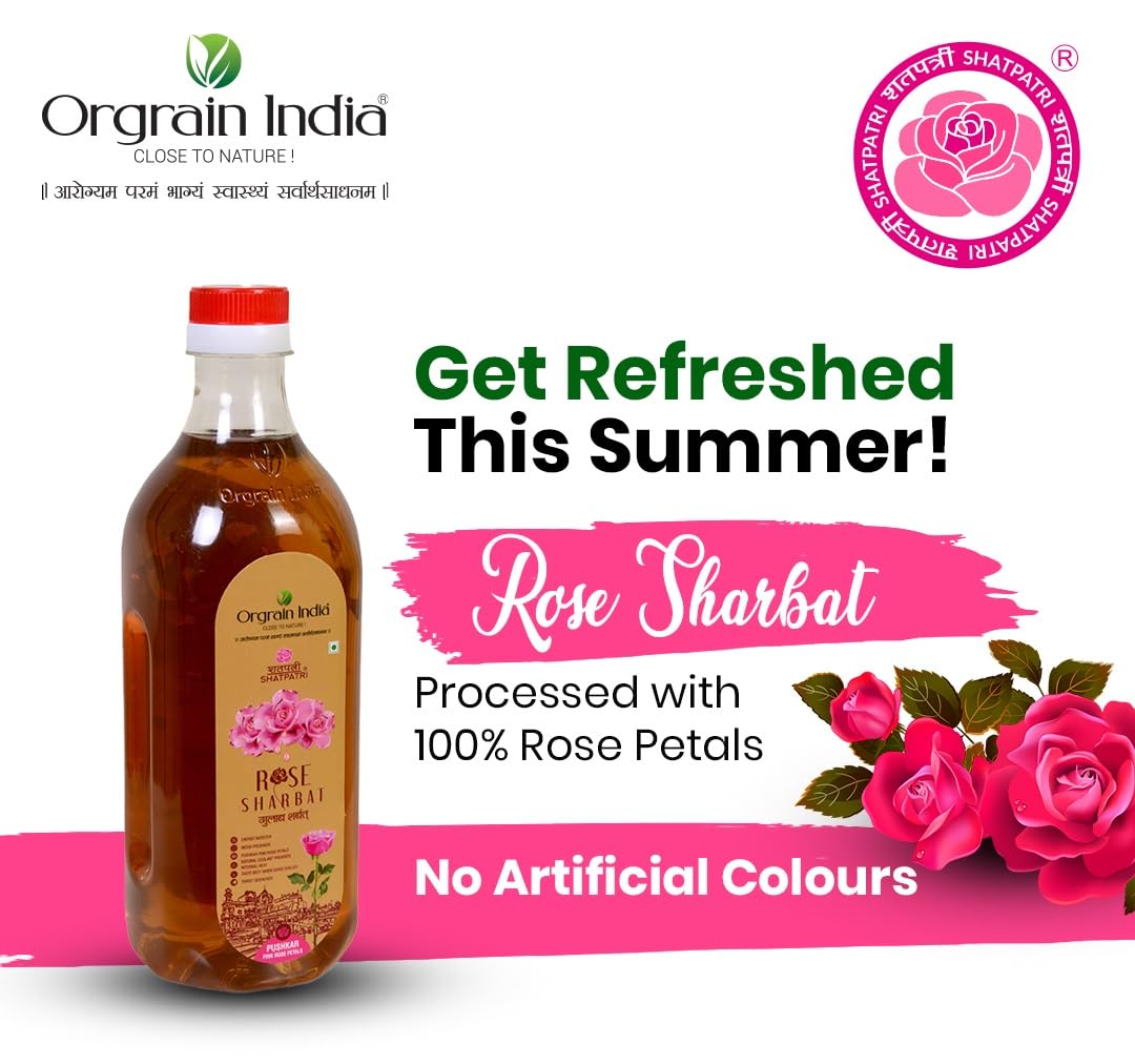 Orgrain India Pushkar Raj Rose (Gulab) Sharbat 1000ml With Pink Rose Petals | Mix with Water, Milk, Ice Creams, Faloodas, Mock Tails, Desserts & Sweets