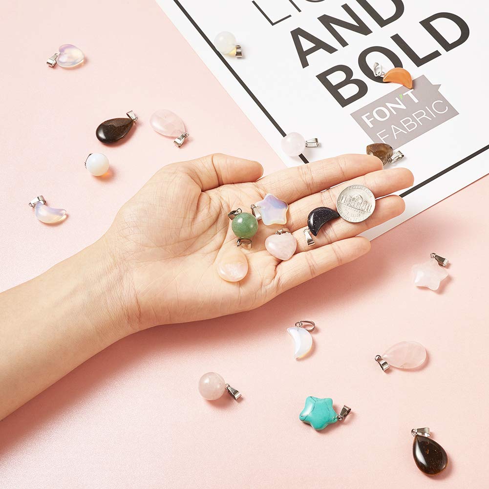 FASHEWELRY 30Pcs Mixed Stone Pendants Heart Moon Teardrop Round Healing Crystal Quartz Chakra Bead Charms for Necklace for Jewelry Making Hole: 2x7mm 1-Mixed Color-Mixed Shape