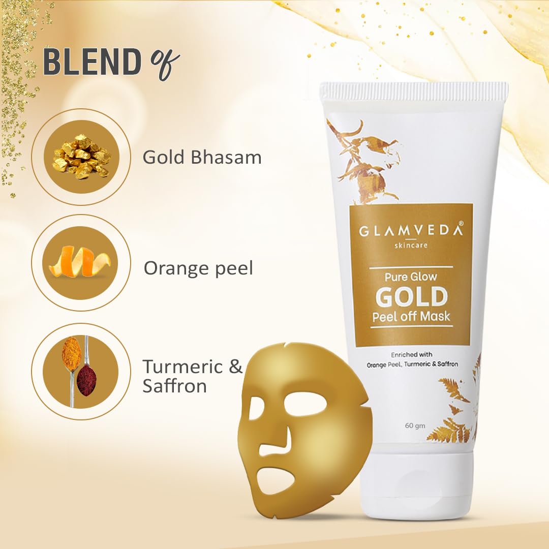 Glamveda Pure Glow Gold Peel Off Mask Enriched With Orange Peel | Anti-ageing & Deep Pore Cleansing | All Skin Types | 60g Pack of 1