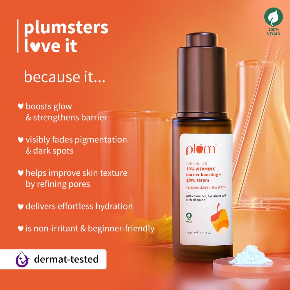 Plum Calendula & 10% Vitamin C Barrier Boosting + Glow Serum | Boosts glow | Ceramides strengthens skin barrier | Niacinamide fights pigmentation & dark spots | Non-irritant| Men & Women | For all skin types | 30ml