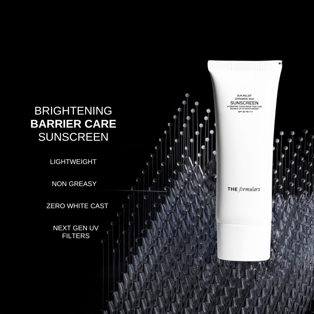 The Formularx Sun Relief Ceramide Sunscreen SPF 50 PA++++ | Broad Spectrum UV & Blue Light Protection | For Oily, Acne prone, Sensitive Skin | Brightening Barrier Care with Niacinamide, Hyaluronic acid, & Peptides | Lightweight, No White Cast | Water & Sw