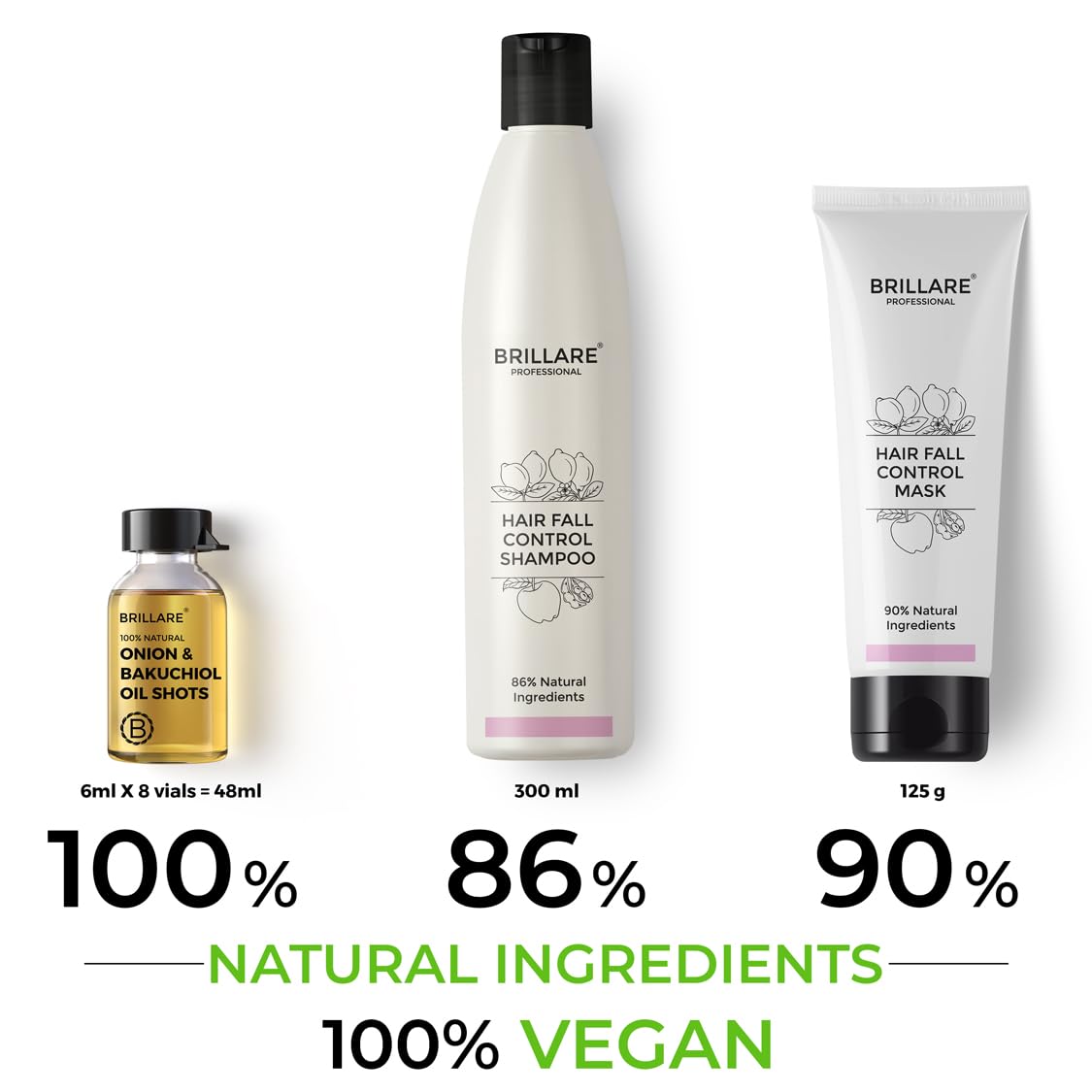 Brillare Anti Hair Fall Treatment Combo, Strengthens roots, Prevents Breakage & Reduces Hair Fall, Shampoo 300ml, Conditioner 125ml and Oil shots (8 shots x 6ml each)
