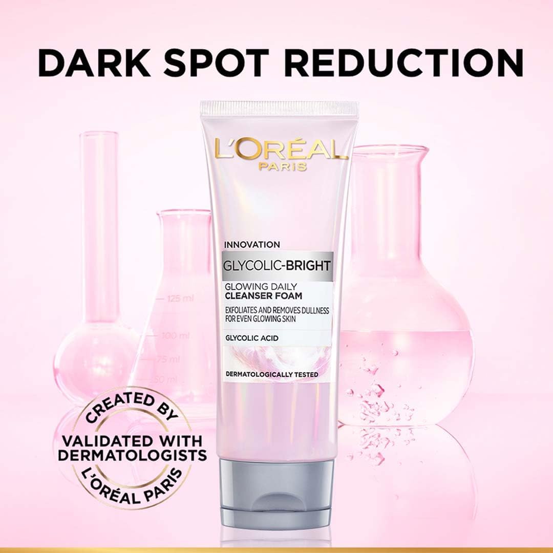 L’Oréal Paris Glycolic Bright Daily Foaming Facial Cleanser, 50ml Daily Glowing Facial Cleanser | Suitable for All Skin Types (PACK OF 2) 100g