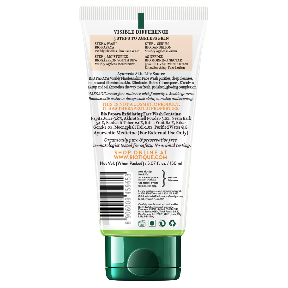 Biotique Bio Papaya Visibly Flawless Skin Face Wash For All Skin Types, 150ml And Biotique Bio Kelp Protein Shampoo For Falling Hair Intensive Hair Regrowth Treatment, 180ml