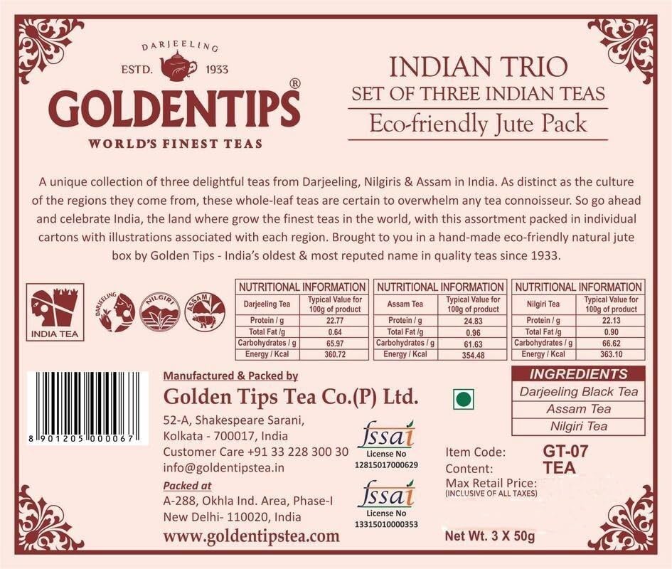 Golden Tips Finest Gift Box Loose Leaf Black Tea Darjeeling, Nilgiri & Assam, Gourmet Tea in Eco-Friendly Packaging, Gift for Tea Lovers, Festive Gifting, Birthdays & Corporate Gift