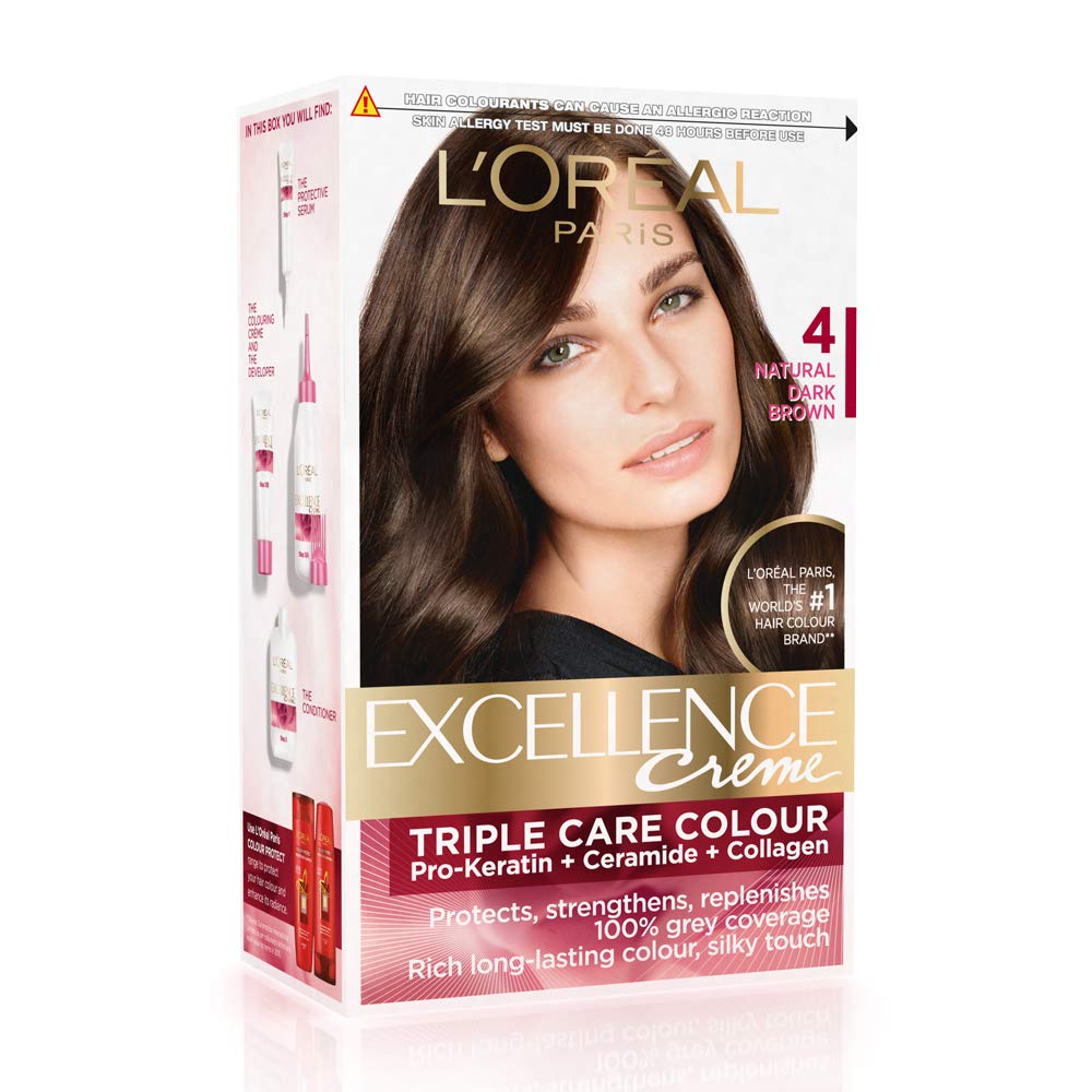 L'OREAL PARIS Excellence Creme Hair Color, 4.25 Aishwarya's Brown, 72Ml+100G And L'Oreal Paris Excellence Creme Hair Color, 4 Natural Dark Brown, 72Ml+100G, 2 Count