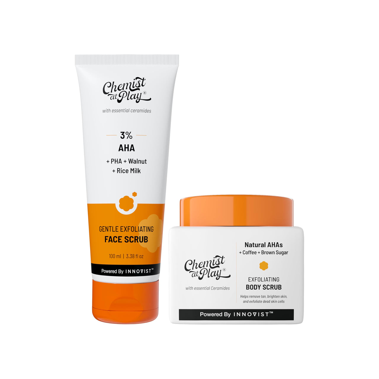 Chemist at Play Exfoliating Body Scrub For Removing Tan & Dead Skin Cells + Gentle Exfoliating Face Scrub with Mandelic Acid & Walnuts | Removes Dead Skin & Blackheads | For Smooth, Soft & Bright Skin | Natural AHAs | 75g + 100ml